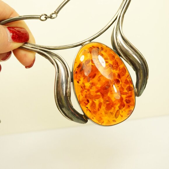 Giant Amber Link Necklace Set In 925 Silver - One-Of-A-Kind Artisan Jewelry - Picture 10 of 14